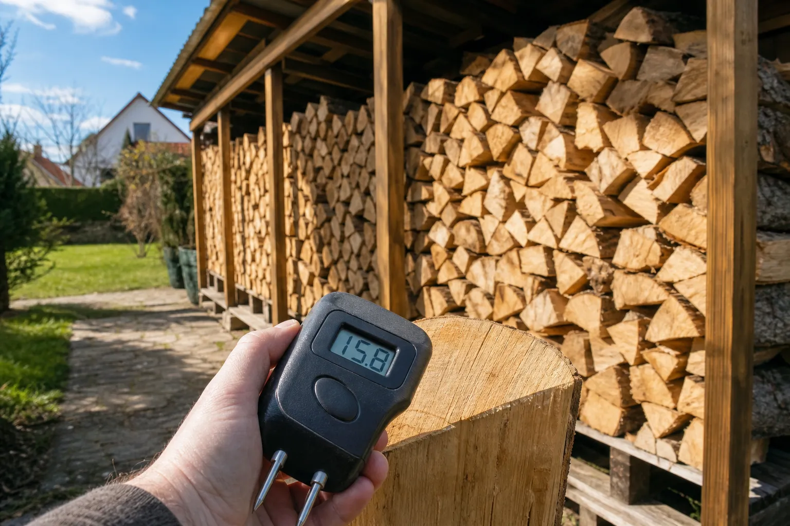 Person misst Feuchtigkeitsgehalt von Brennholz mit digitalem Messgerät am Holzstapel