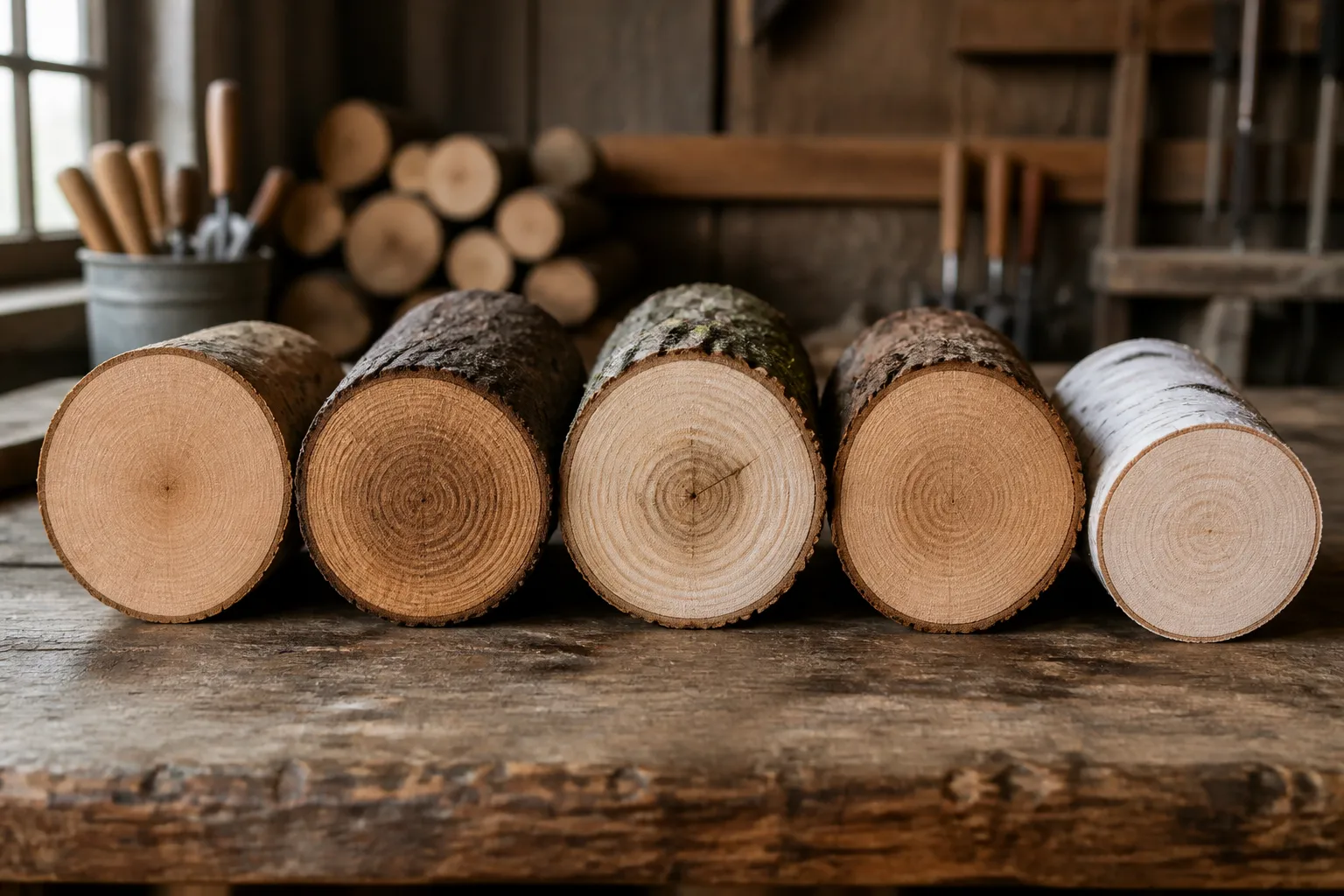 Querschnitte verschiedener Holzarten für den Kaminofen im direkten Vergleich: Buche, Eiche, Esche, Hainbuche und Birke nebeneinander auf einem Holztisch