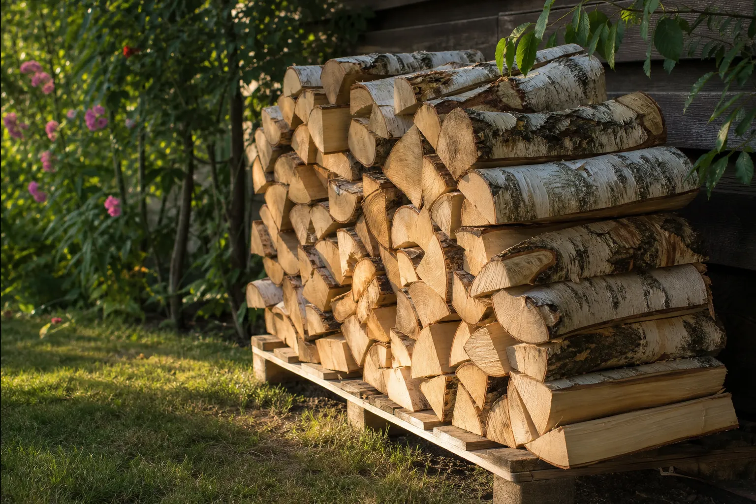 Gestapeltes Birken-Brennholz mit weißer Rinde auf einer Holzpalette im Garten