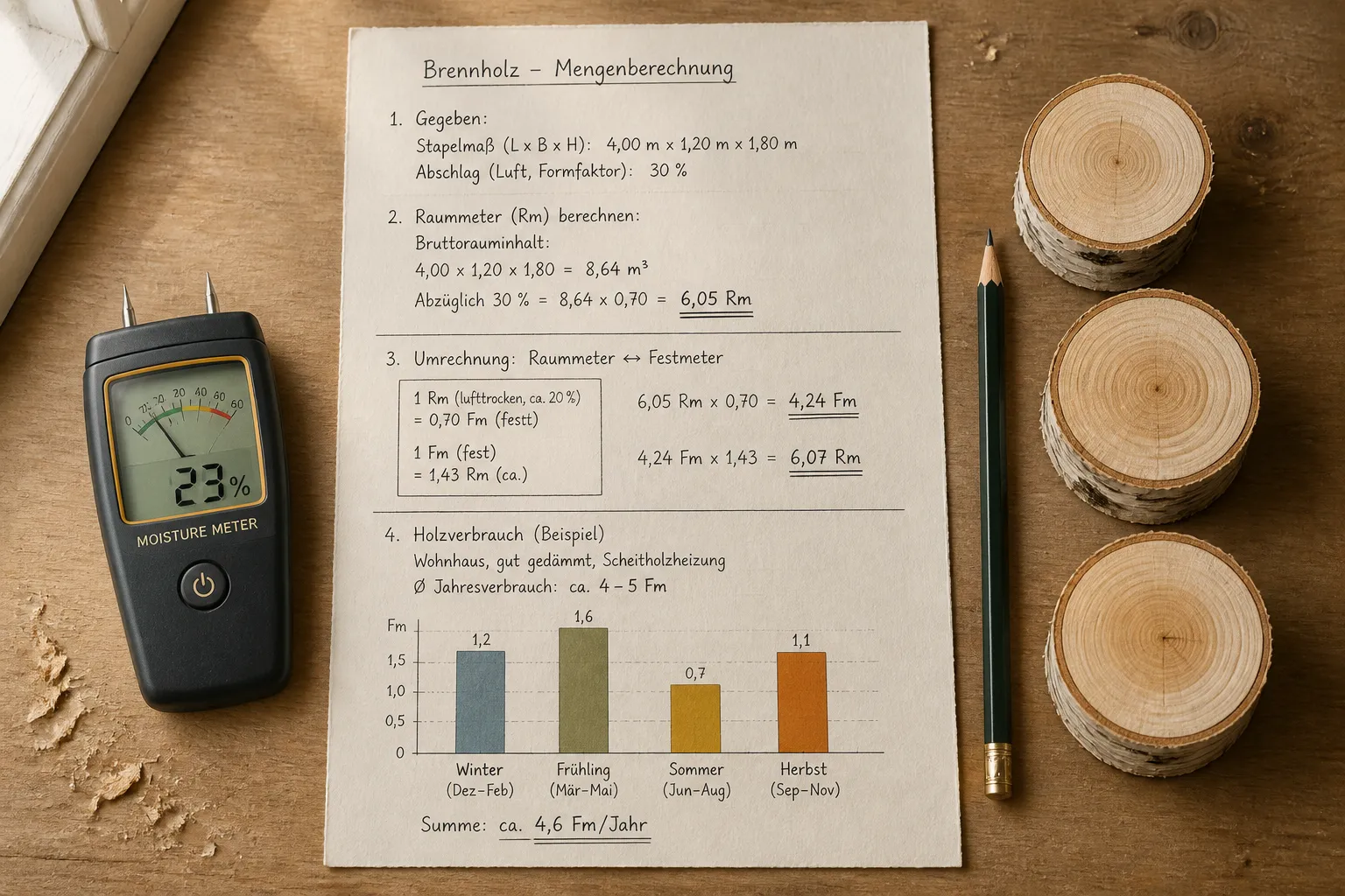 Draufsicht auf eine handschriftliche Berechnung des Brennholzbedarfs mit Feuchtemessgerät und Holzscheiben auf einem Holztisch