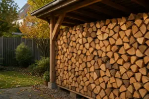 Ordentlich gestapeltes Brennholz aus Buche und Eiche unter einem Holzunterstand im Garten