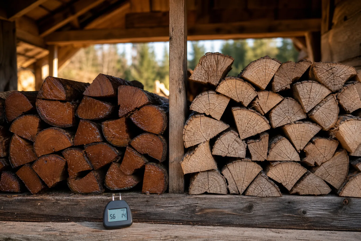 Feuchtes und trockenes Brennholz im Vergleich mit Feuchtigkeitsmessgerät