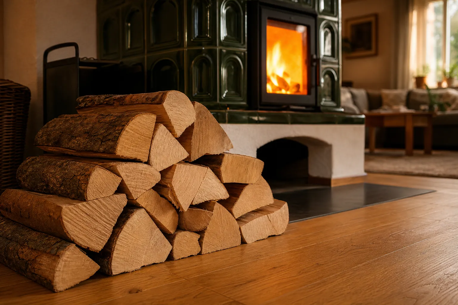 Gespaltenes Buchenbrennholz vor einem Kachelofen im Wohnzimmer