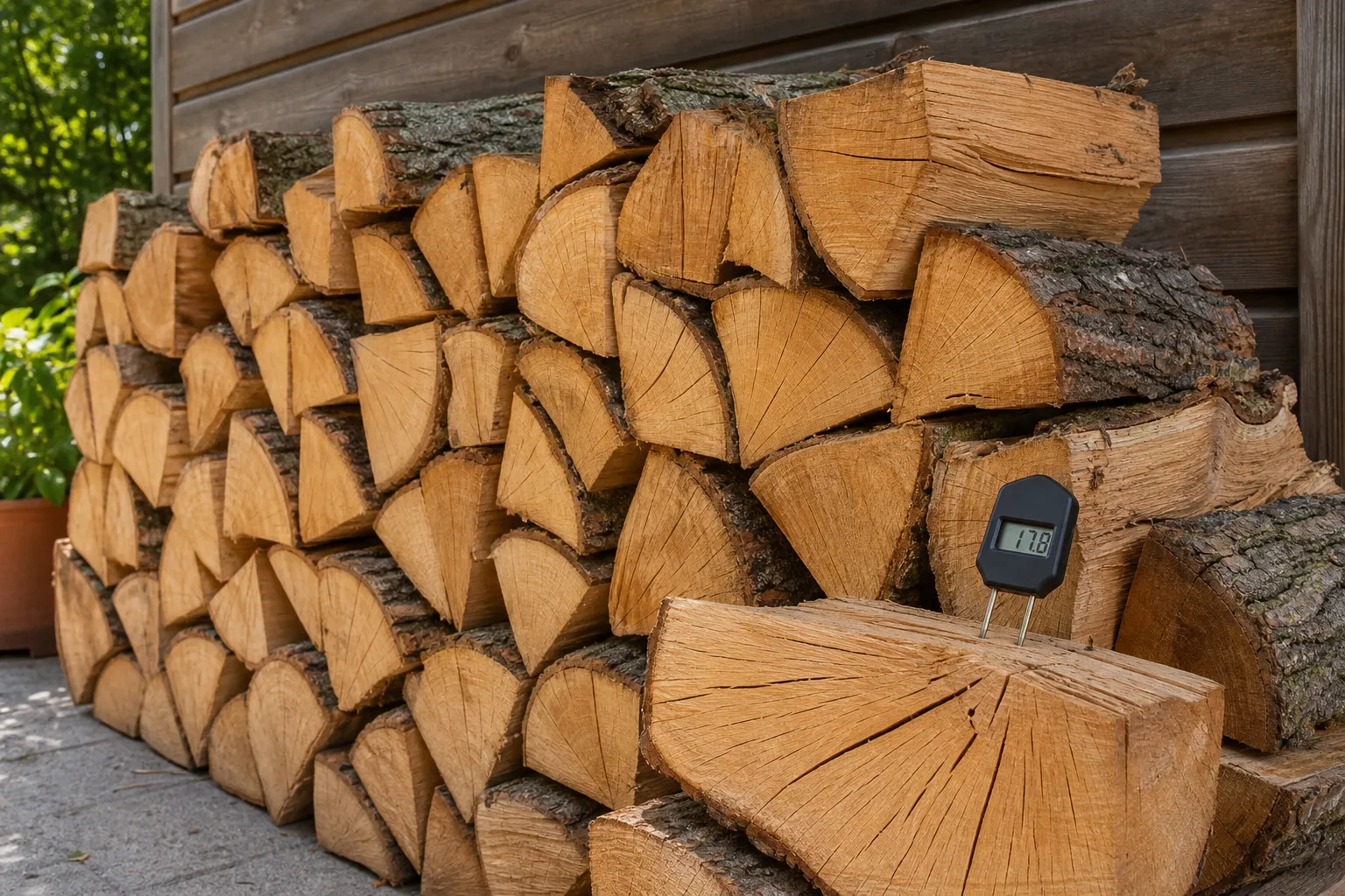 Gespaltenes Buchenbrennholz mit Feuchtemessgerät, das unter 20 % Restfeuchte anzeigt