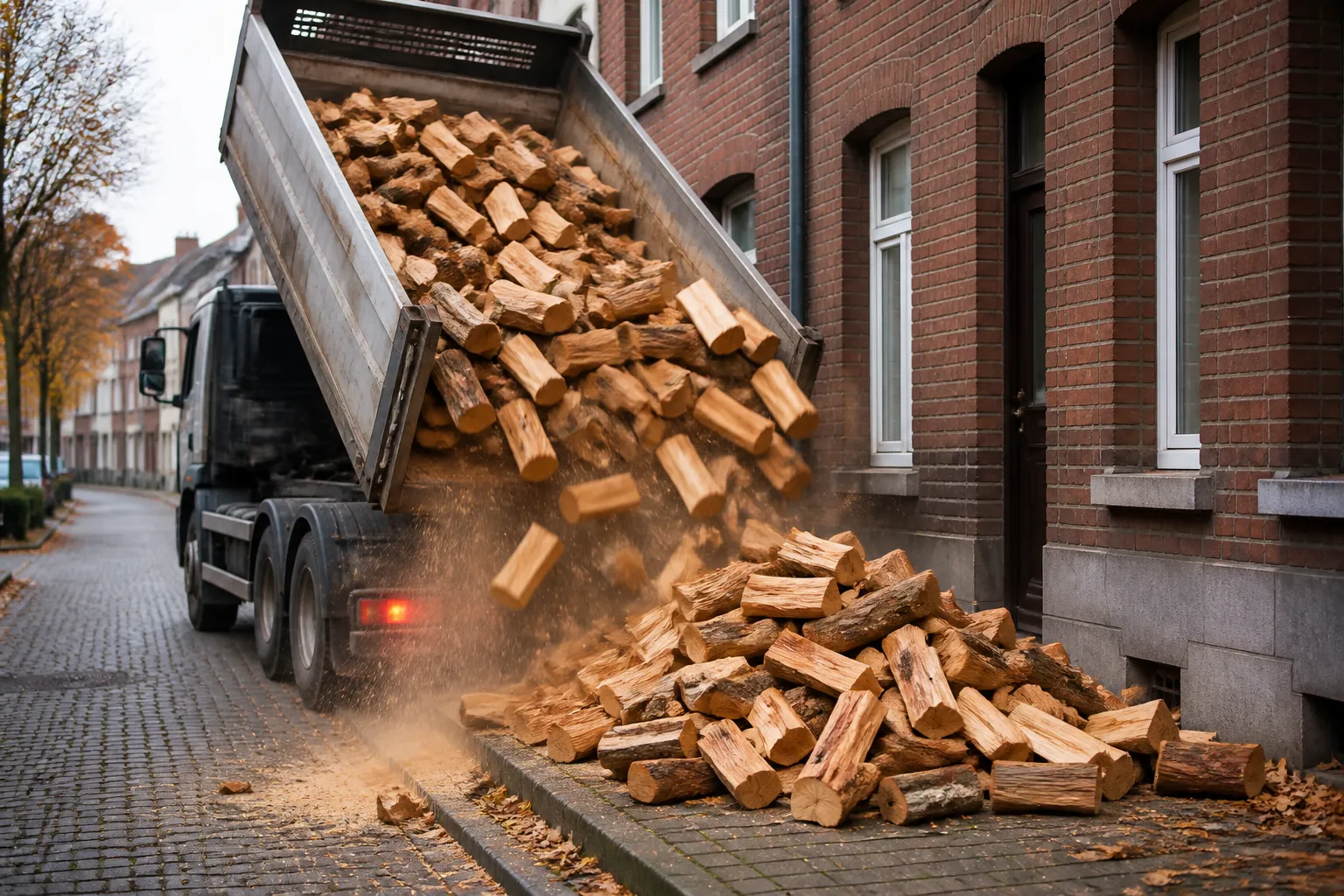 Brennholz-Lieferung vor einem Reihenhaus im Ruhrgebiet: Buchenholzscheite werden vom Kipperfahrzeug auf den Gehweg entladen