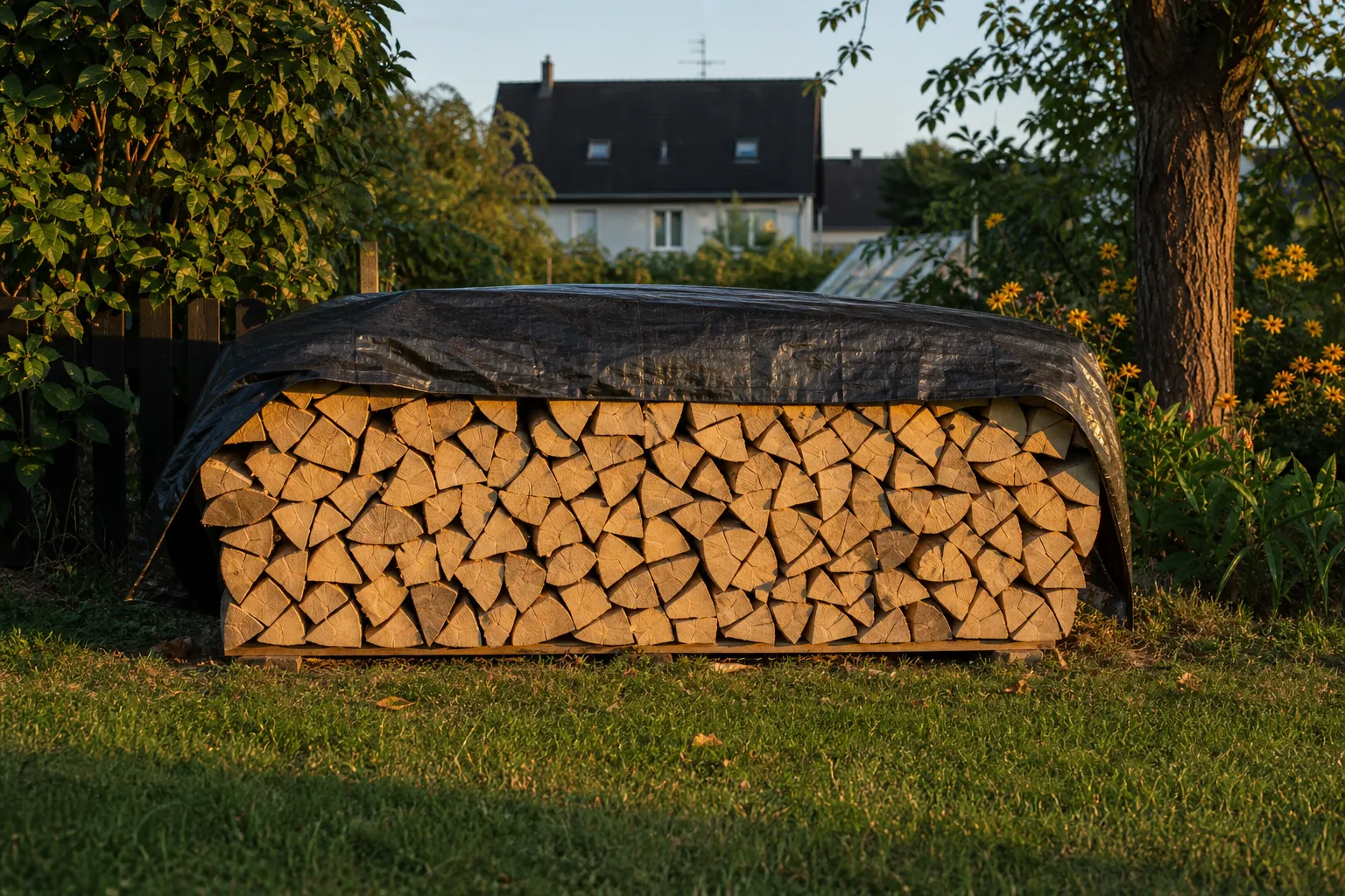 Gestapeltes Buchenbrennholz im Garten im Ruhrgebiet, ofenfertig getrocknet