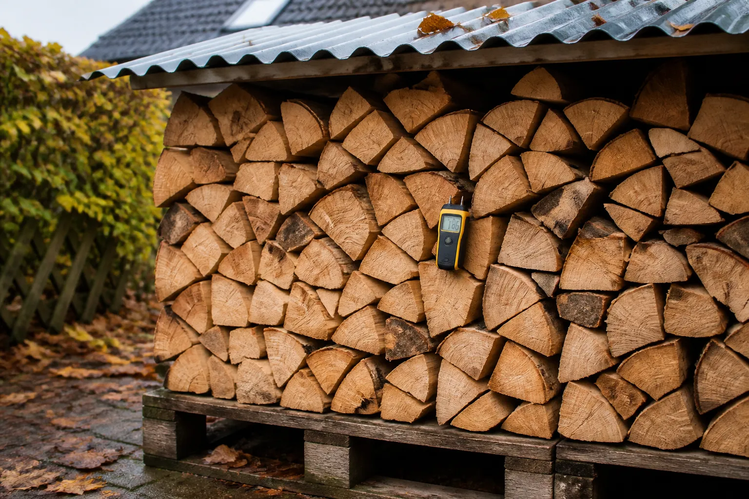 Brennholzstapel auf Palette mit Wellblechdach und seitlicher Belüftung, Feuchtemessgerät an Buchenscheit angelehnt