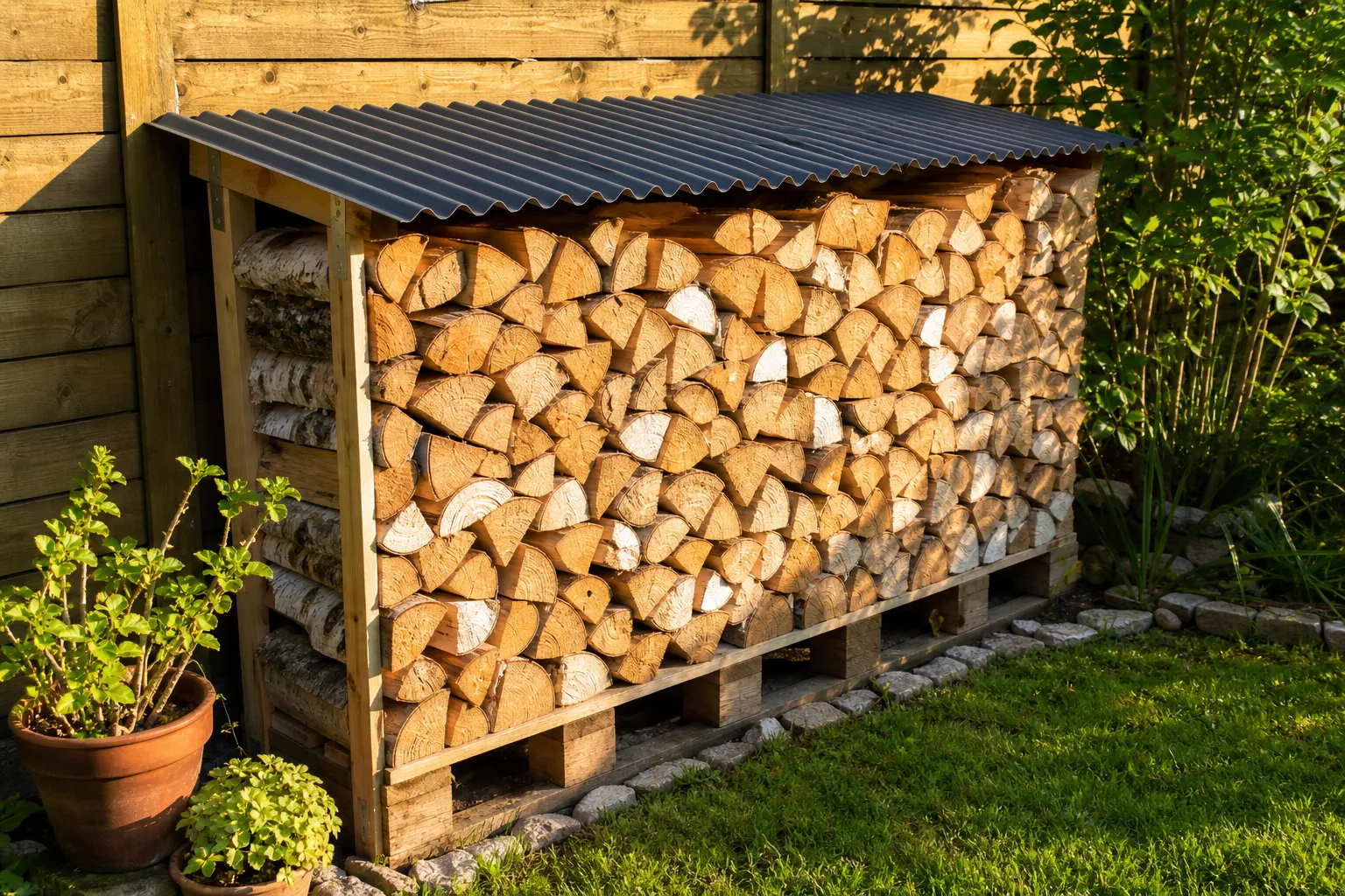 Überdachtes Holzlager mit gestapeltem Brennholz auf Palette im Garten