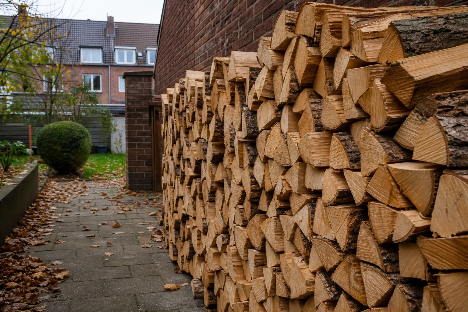 Gestapeltes Buchenbrennholz in einem Ruhrgebiets-Hinterhof nach Lieferung