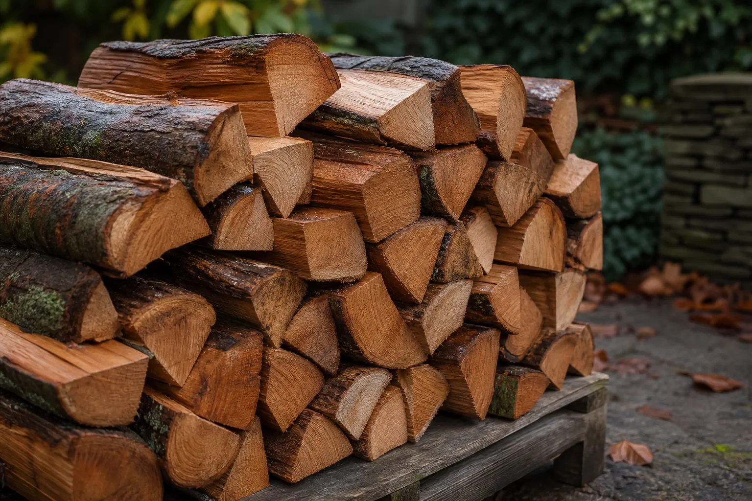 Gestapeltes Buchen Brennholz auf einer Palette im Garten