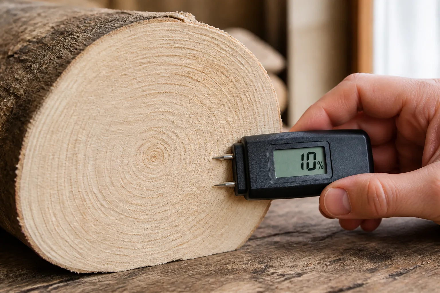 Frisch gespaltenes Buchenscheit im Querschnitt mit Holzfeuchtemessgerät auf Holzunterlage