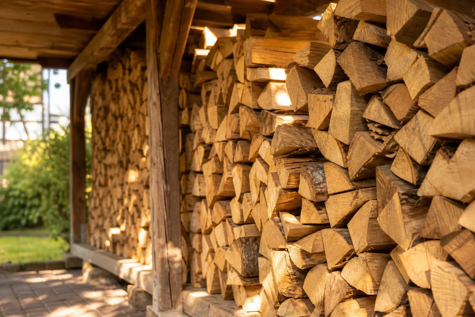 Trocken gelagertes Buchenbrennholz unter einem Holzunterstand – optimale Lagerung für niedrigen Feuchtigkeitsgehalt