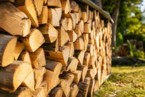 Gespaltenes Fichten-Brennholz als ordentlich gestapelter Holzstapel im Freien