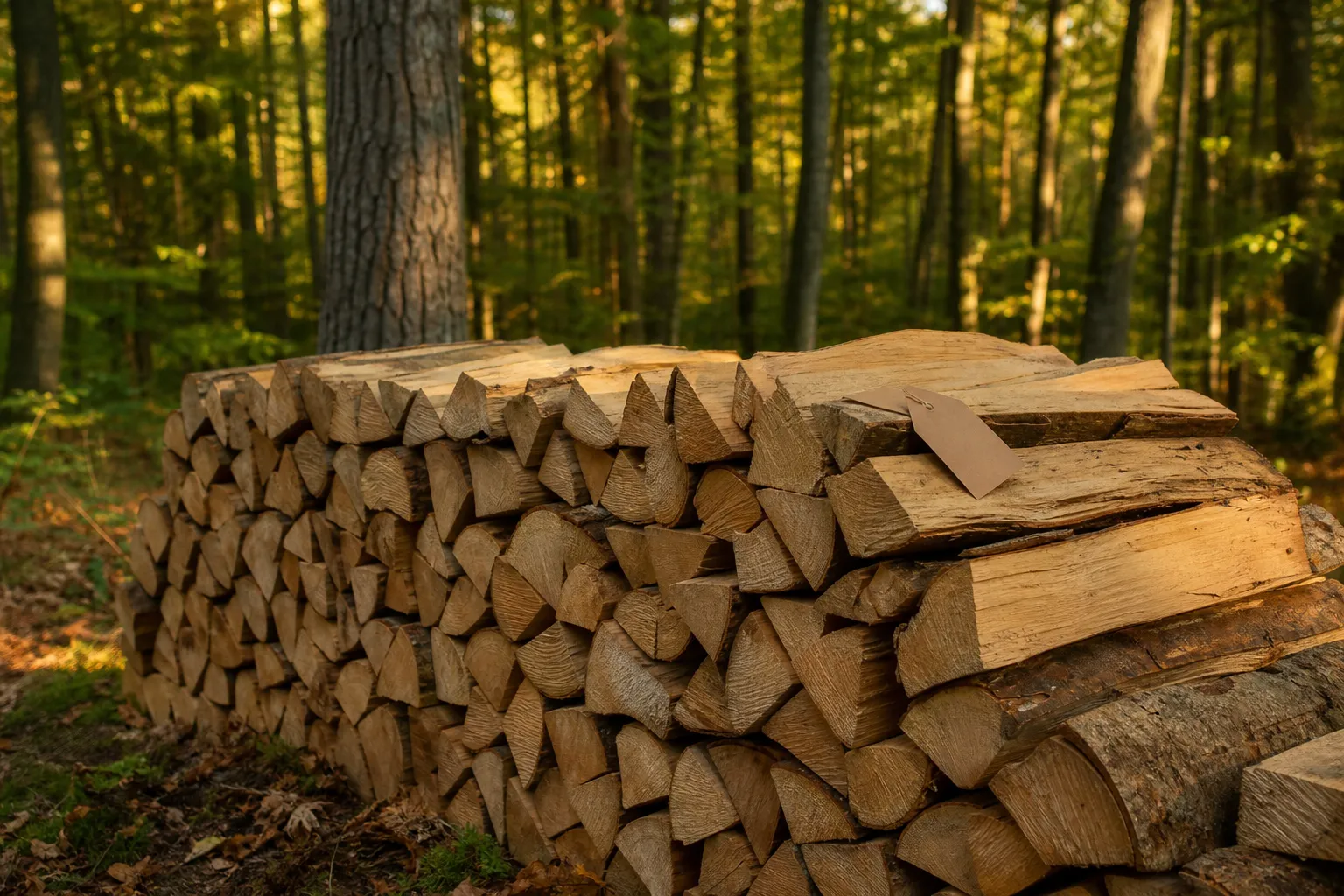 Gestapeltes Buchenbrennholz aus nachhaltig bewirtschaftetem Wald mit FSC-Zertifikat