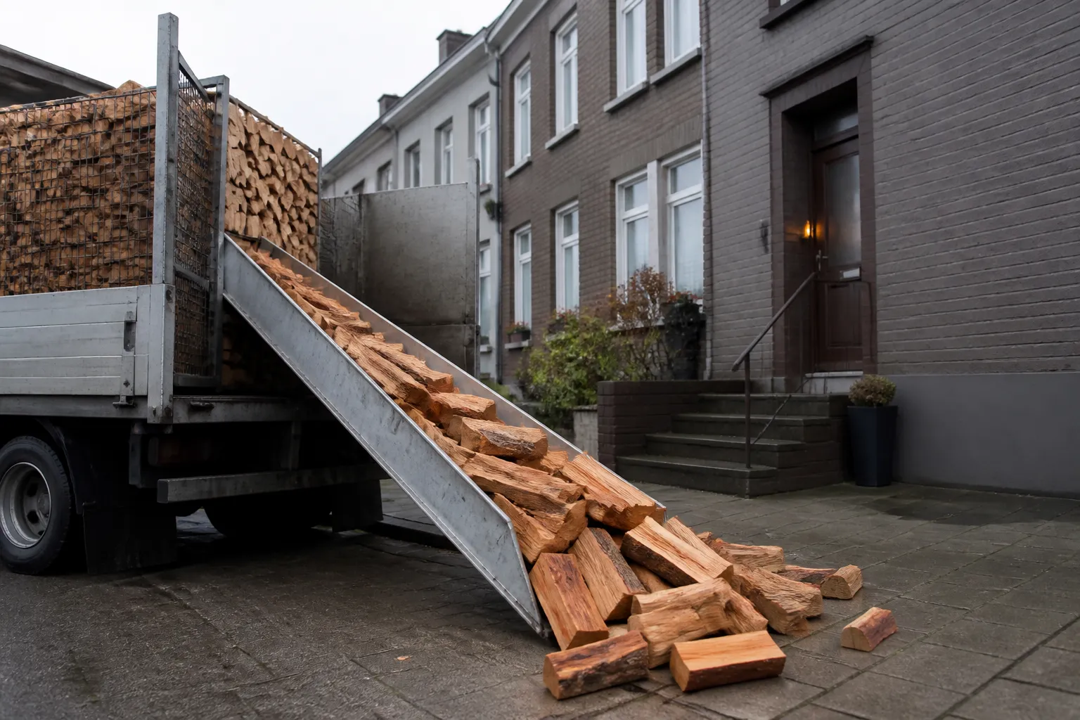 Kaminholz-Lieferung vor einem Reihenhaus im Ruhrgebiet: gespaltene Buchenscheite werden vom Lkw abgeladen
