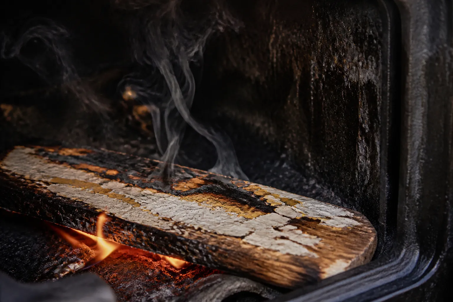 Lackiertes Holzbrett mit sichtbarer abplatzender Lackschicht brennt in einem Kaminofen und erzeugt dunklen giftigen Rauch