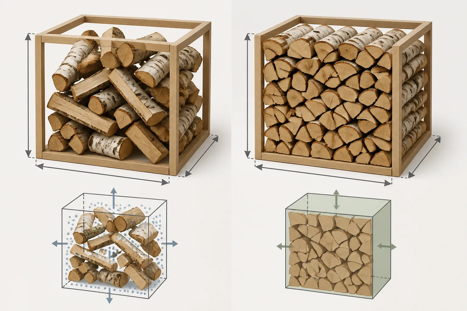 Vergleich Schüttraummeter und Raummeter: locker geschüttetes Holz links, sauber gestapeltes Holz rechts in je einem Kubikmeter