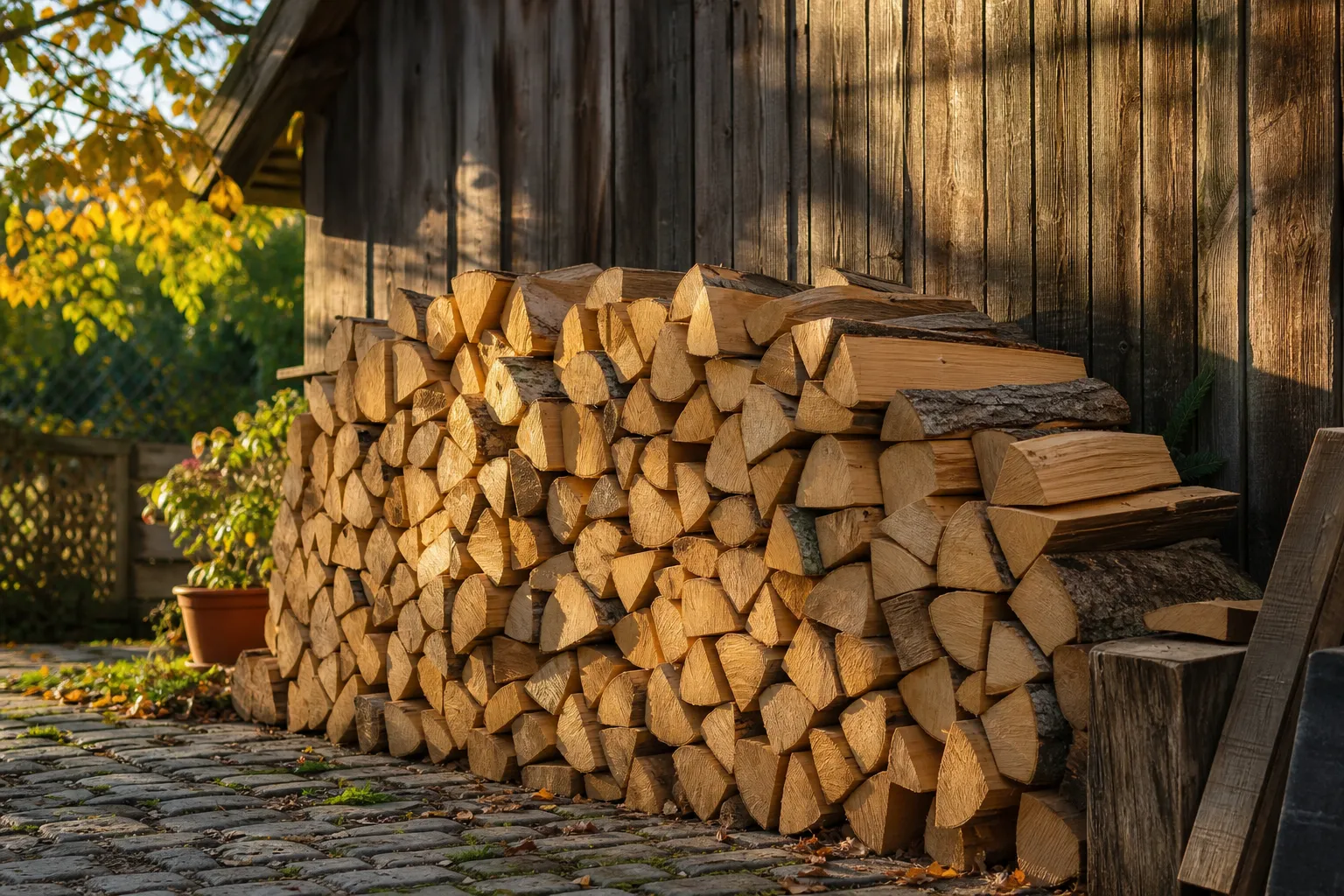 Gestapeltes Buchen- und Eichenbrennholz an einem Holzschuppen im Garten