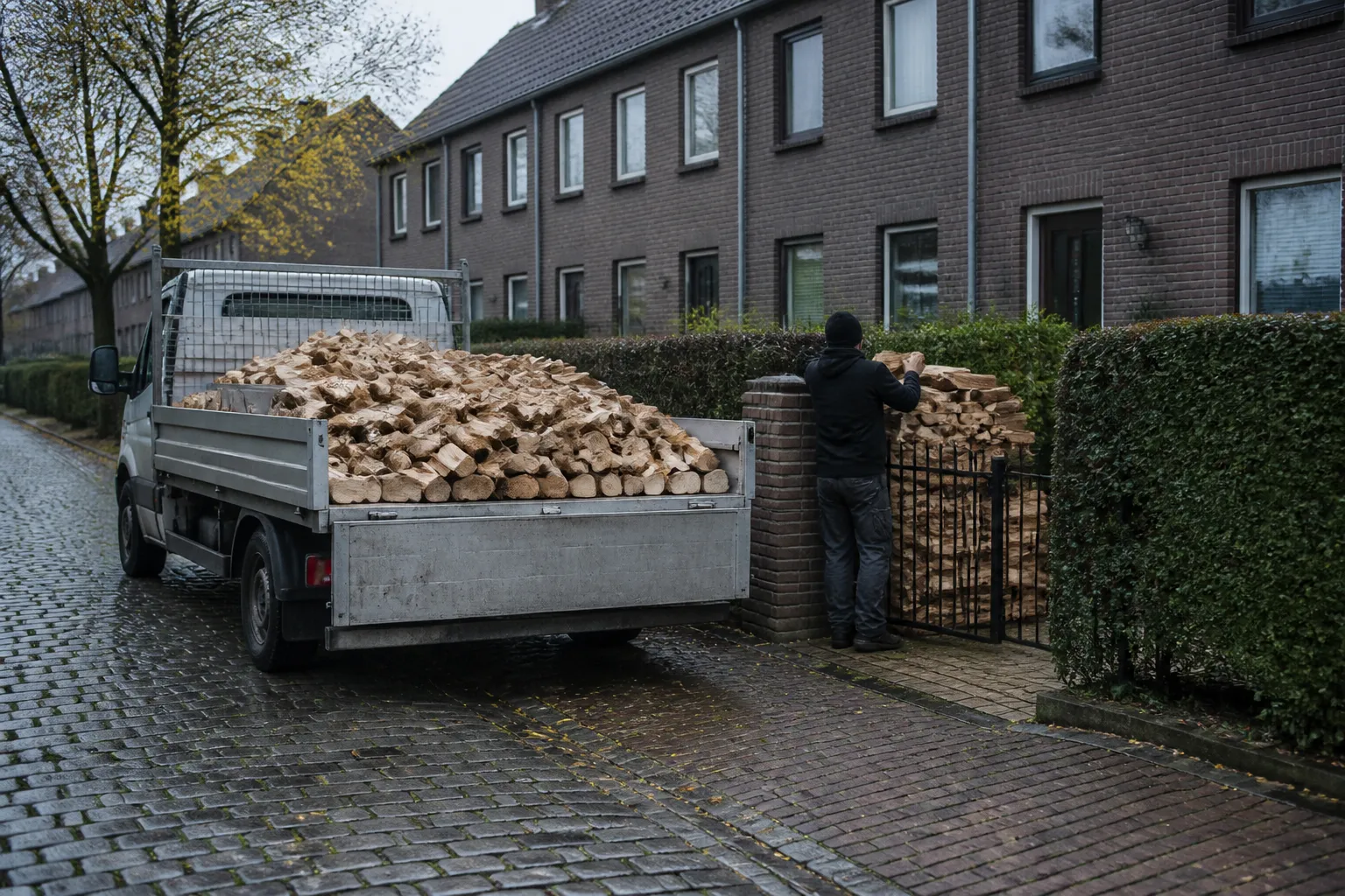 Brennholz-Lieferung vor einem Reihenhaus in Dortmund: Buchenholz wird vom Lkw gestapelt