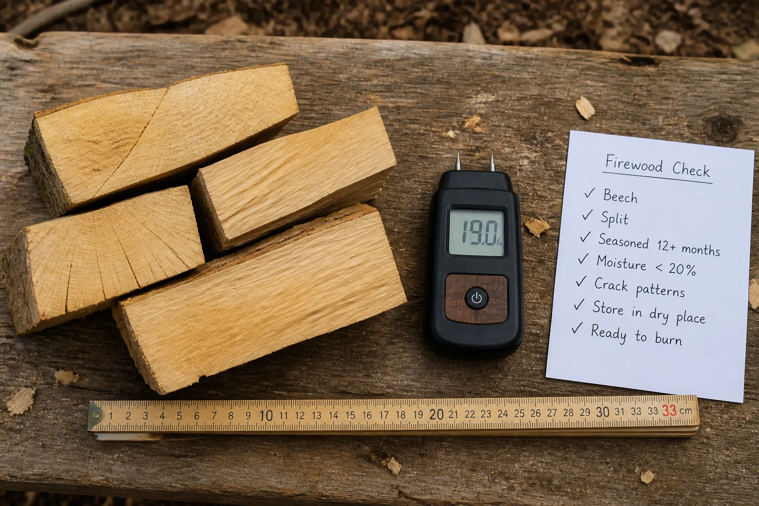 Gespaltene Buchenscheite neben einem Holzfeuchtemessgerät, Zollstock und einer Checkliste auf einem Holzarbeitsplatz