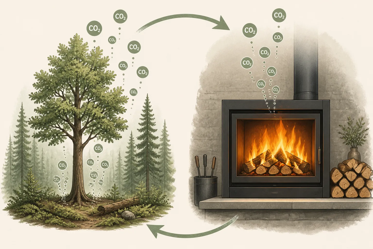 Illustration des CO2-Kreislaufs beim Brennholz: Baum bindet CO2 beim Wachsen, Verbrennung gibt es wieder frei