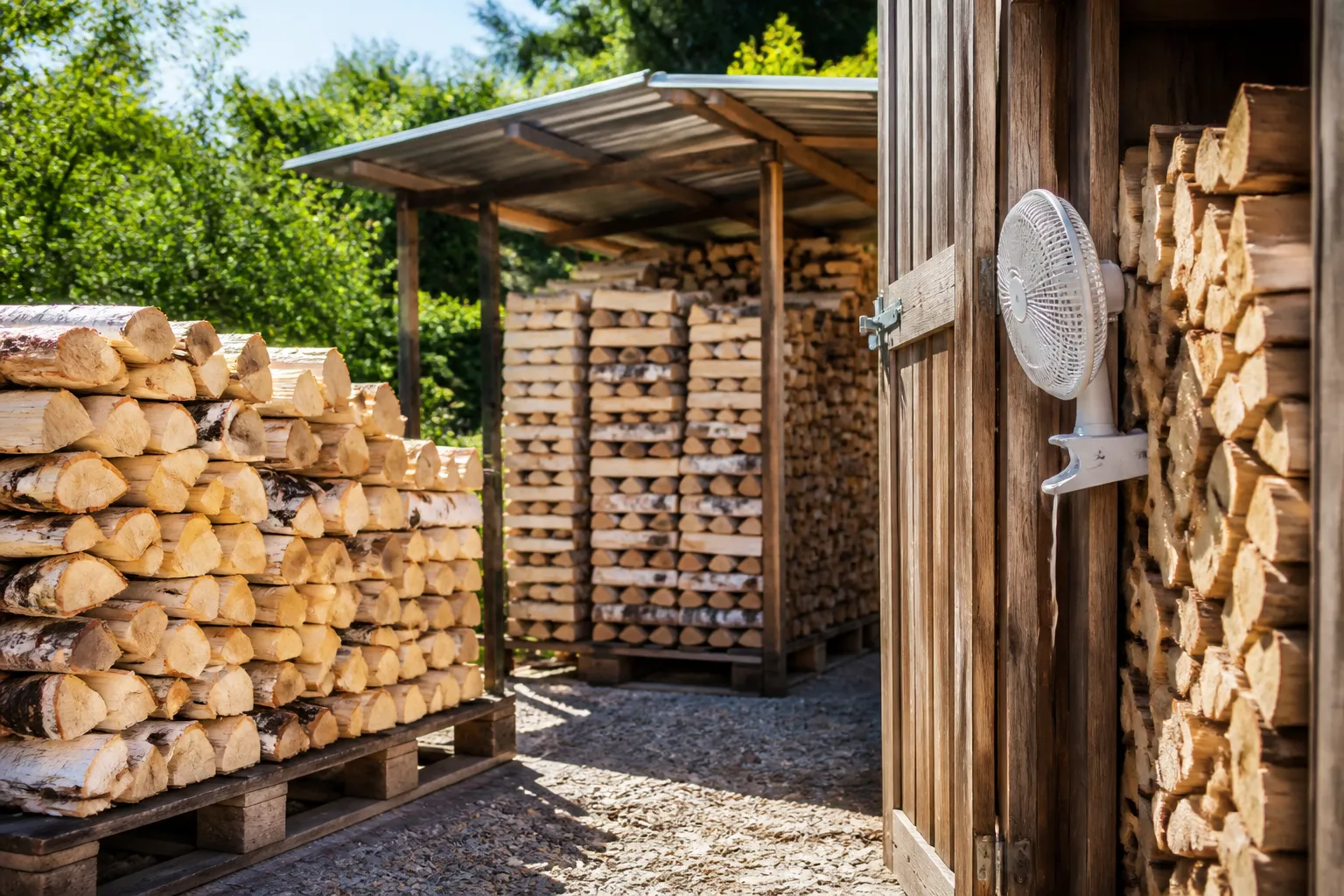 Verschiedene Methoden zum Brennholz trocknen: gespaltene Birkenscheite auf Paletten gestapelt mit Belüftungsdach und Ventilator im Hintergrund