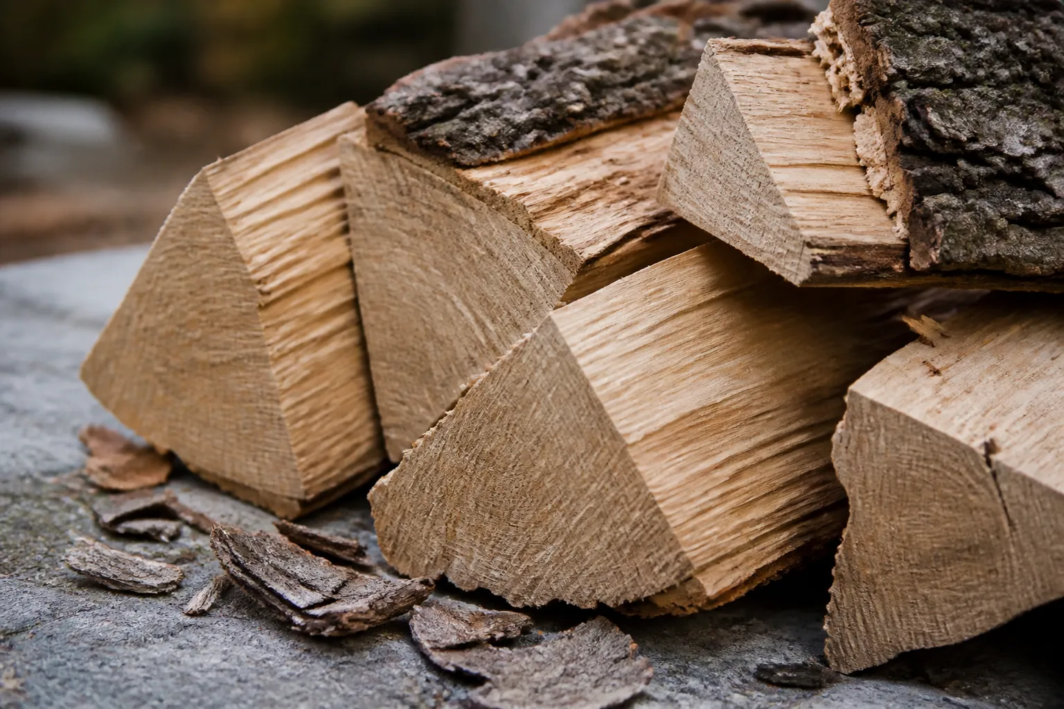Frisch gespaltenes Eichenholz als Brennholz mit sichtbarer Maserung und Jahresringen