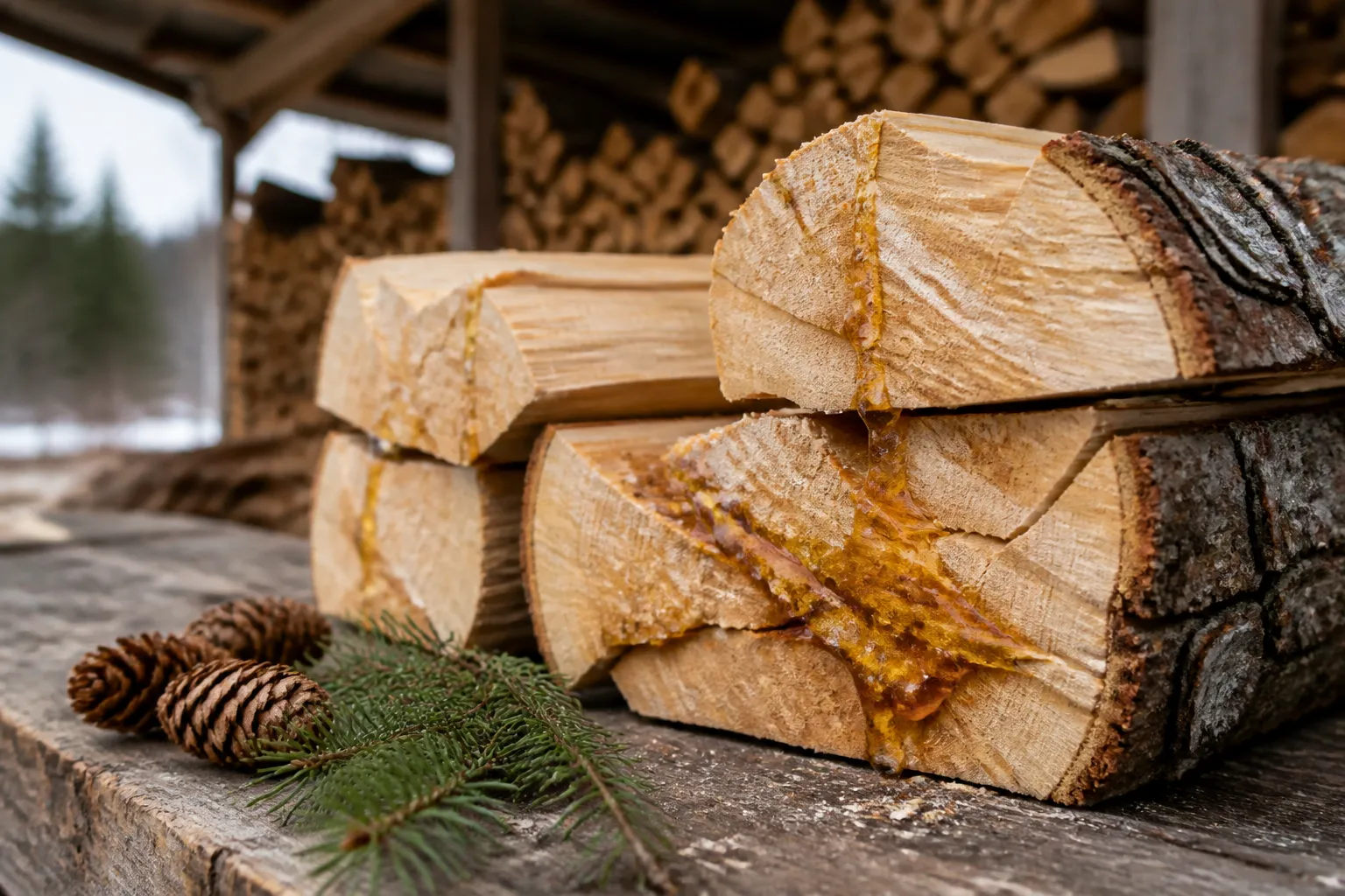 Frisch gespaltenes Fichtenholz mit sichtbarer Maserung und Harzflecken auf einem Holzstapel