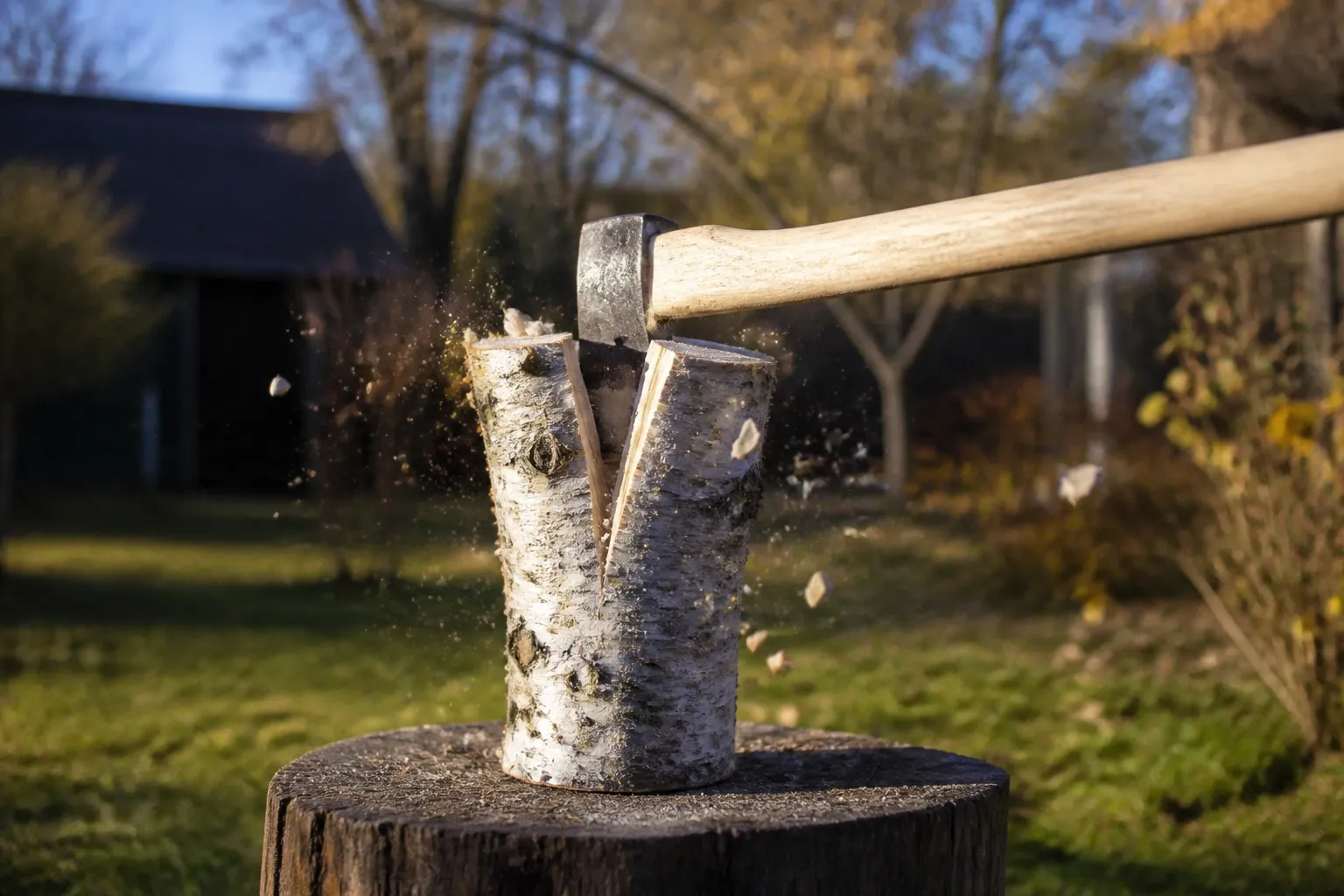 Spaltaxt steckt in einem aufrecht stehenden Birkenrundholz auf einem Spaltblock im Garten