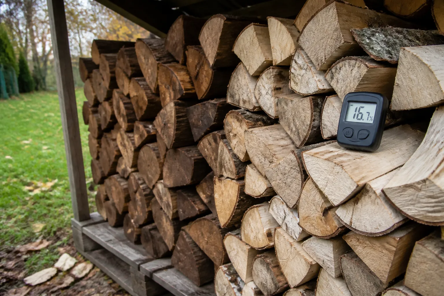 Gespaltenes Brennholz auf Paletten gelagert, ein Holzfeuchtemessgerät liegt auf einer trockenen Buchenholzscheite