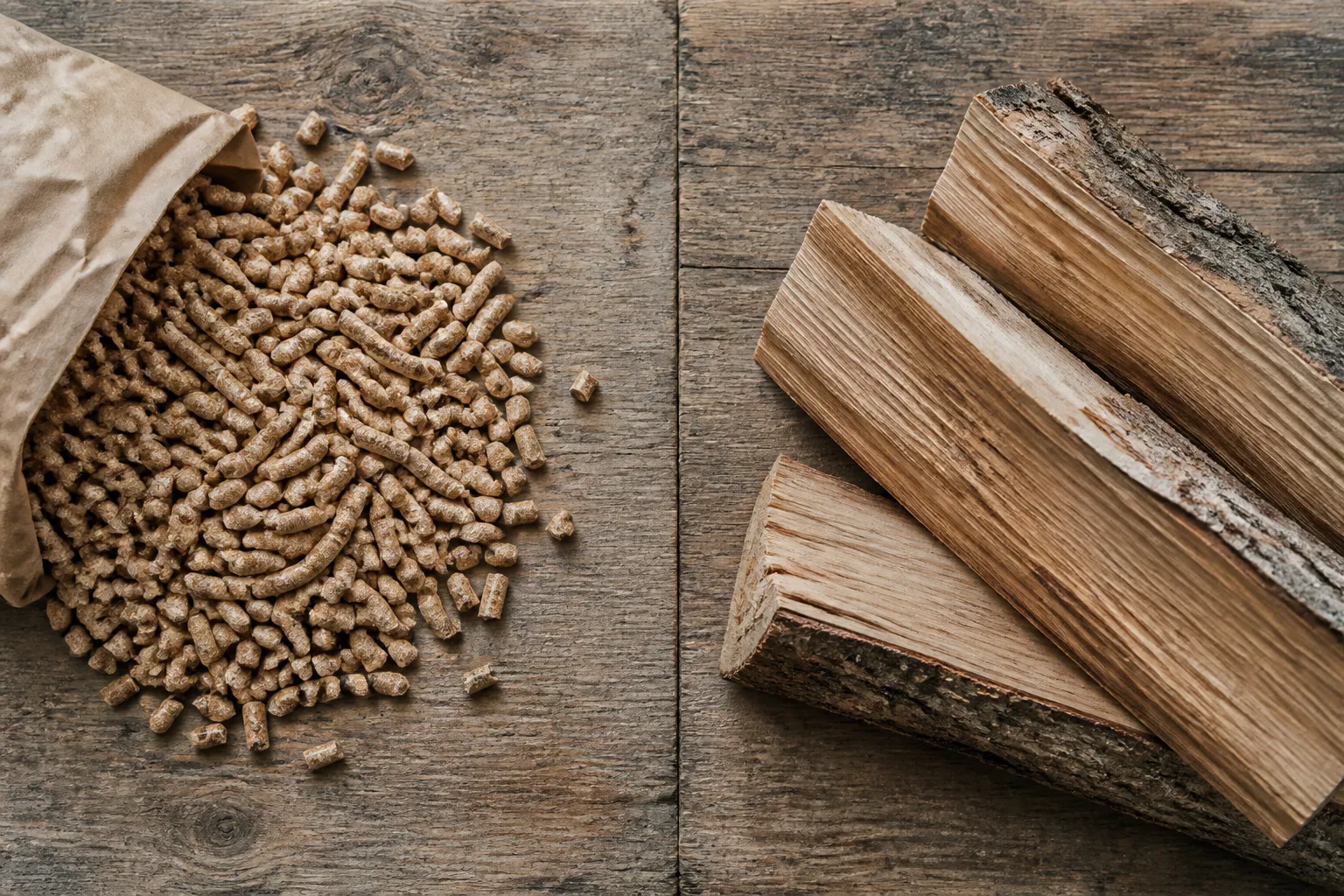 Holzpellets und Brennholz-Scheite im direkten Vergleich von oben fotografiert