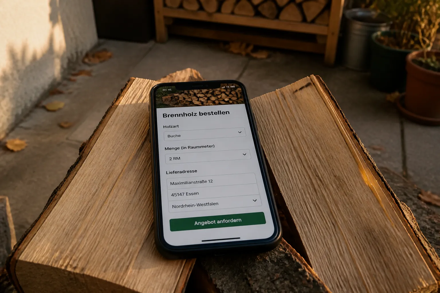 Smartphone mit Kaminholz-Bestellseite liegt auf frisch gespaltenen Buchenscheiten im Ruhrgebiet-Hinterhof