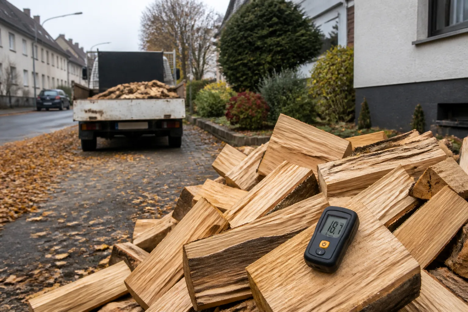 Lieferung von trockenfertigem Kaminholz vor einem Einfamilienhaus in Essen, gespaltene Buchenscheite mit Feuchtemessgerät