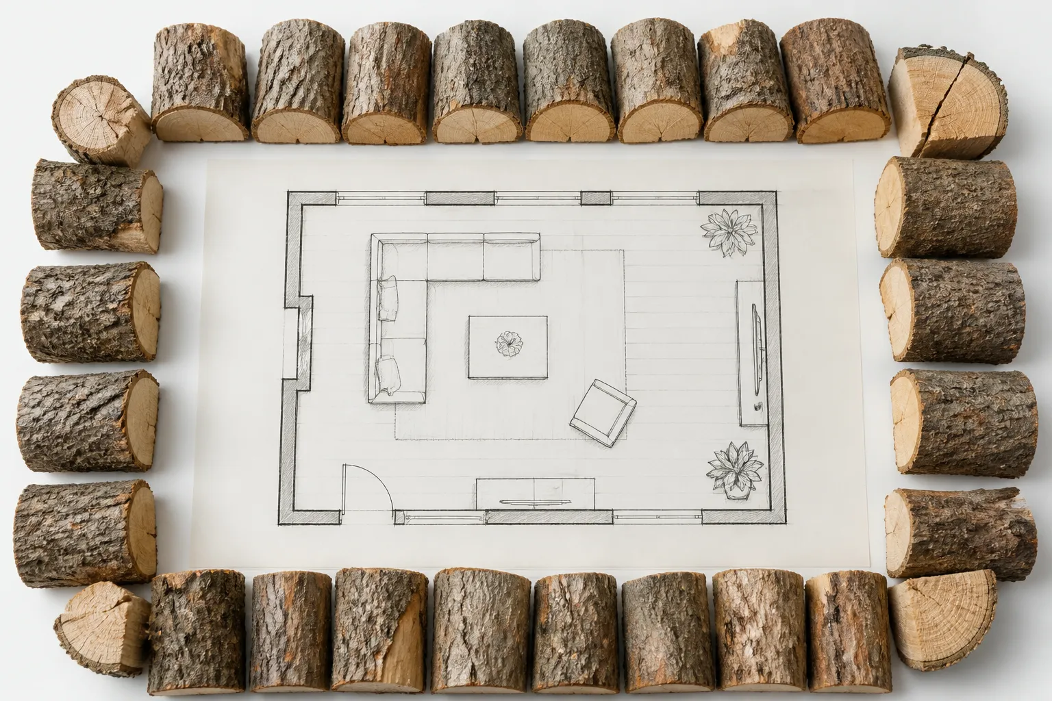 Grundriss einer Wohnfläche umgeben von Buchenholzscheiten als Illustration für den Kaminholzbedarf pro Quadratmeter