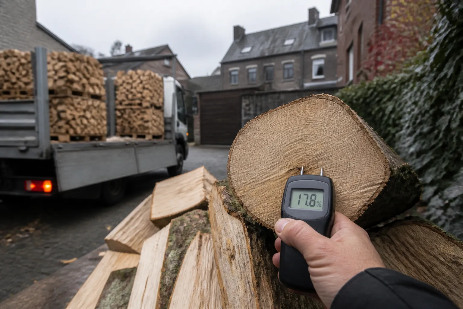 Frisch geliefertes Buchenholz wird auf einer Einfahrt im Ruhrgebiet mit einem Holzfeuchtemessgerät auf Trockenheit geprüft