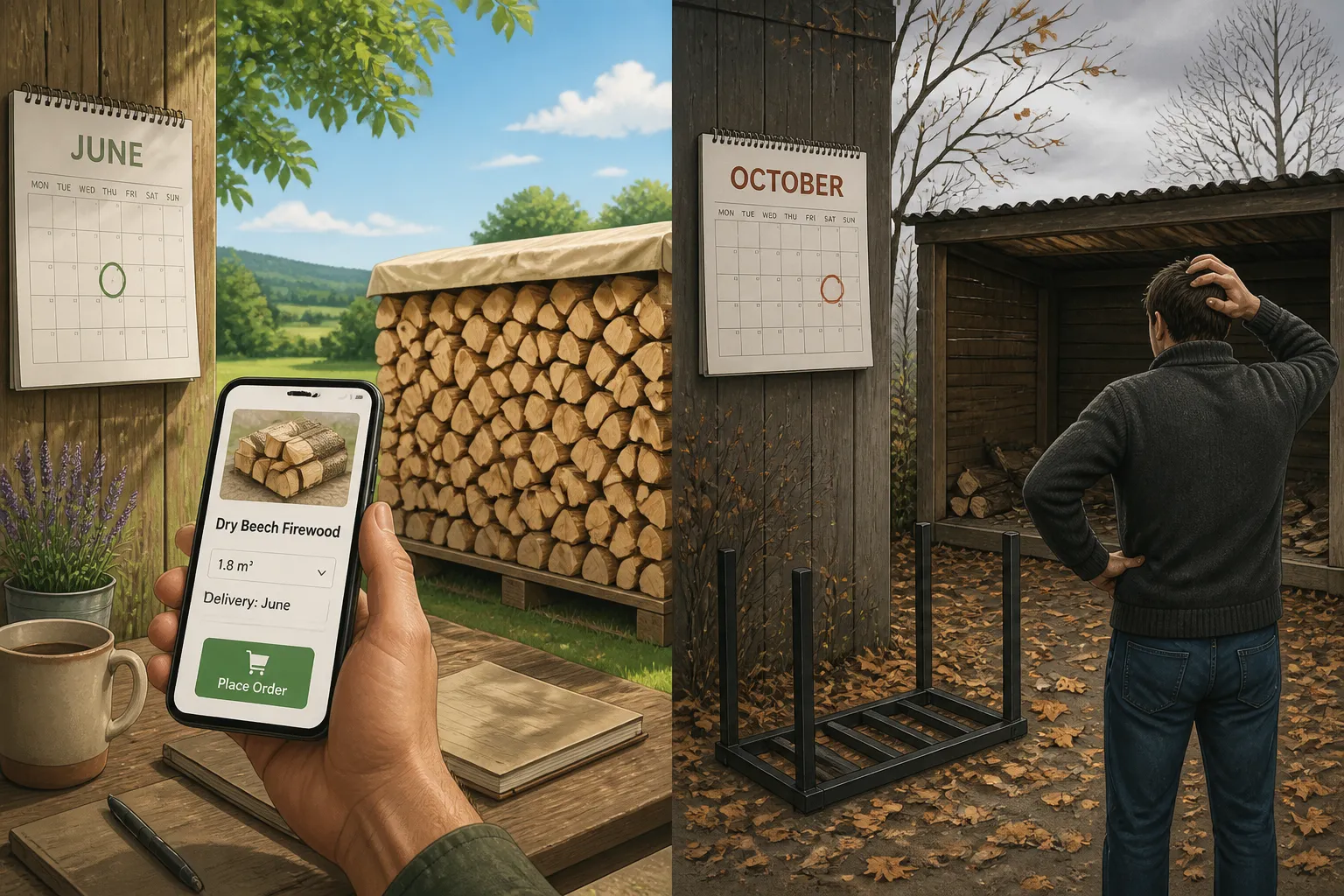 Illustration: Kaminholz im Sommer rechtzeitig bestellen versus zu spät im Herbst bestellen