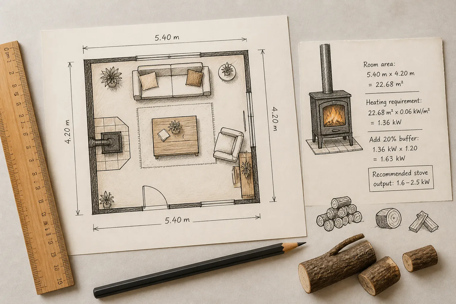 Grundriss-Skizze eines Wohnzimmers mit eingezeichneten Maßen und Kaminofen-Leistungsberechnung als Illustration