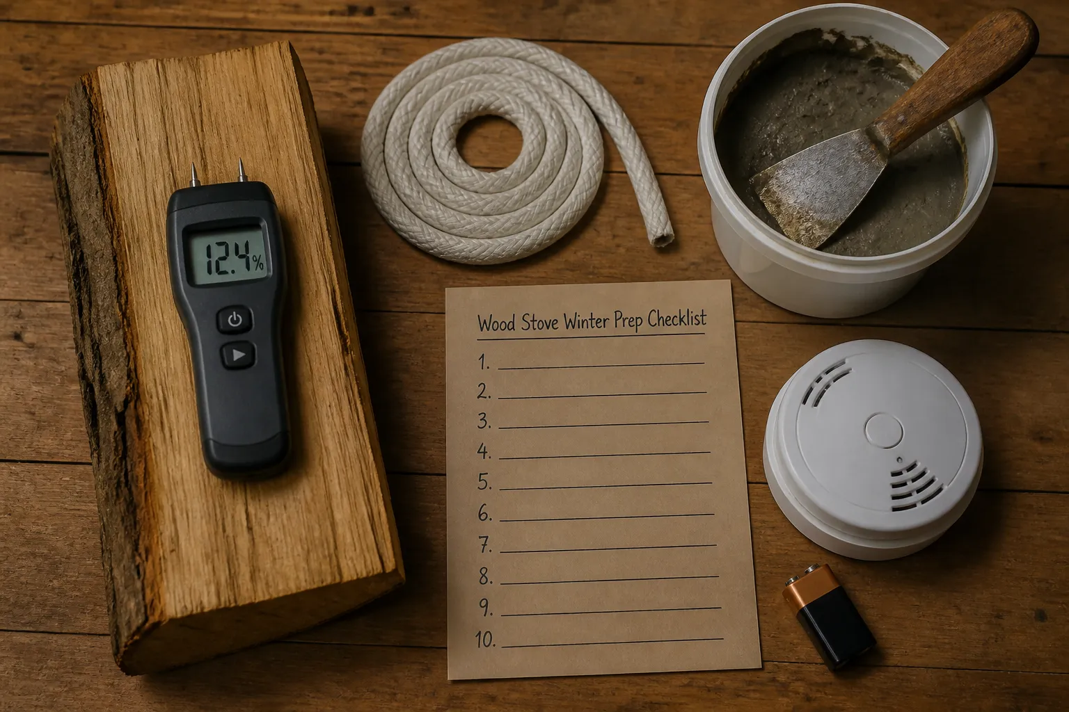 Werkzeuge und Materialien zur Kaminofen-Vorbereitung auf dem Boden: Holzfeuchtemessgerät, Dichtschnur, Schamottemörtel, Rauchmelder und eine handgeschriebene Checkliste