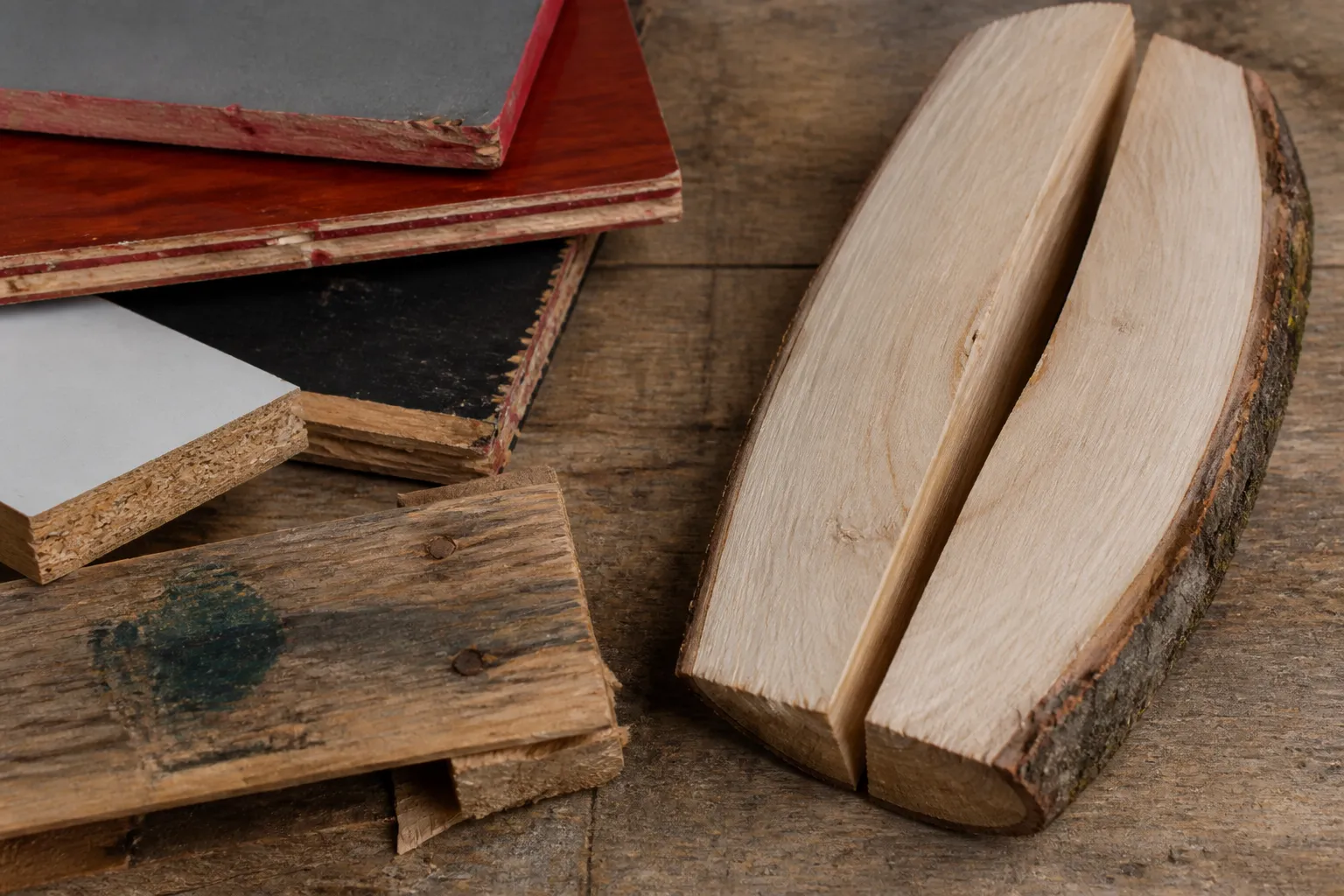Verbotene Holzarten für den Kaminofen im Vergleich: lackiertes Holz, Spanplatte und behandelte Palette neben einem naturbelassenen Buchenscheit