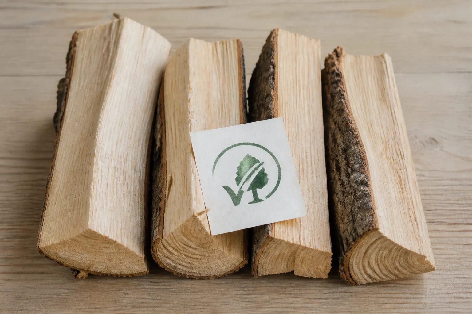 Gespaltene Buchenscheite von oben mit einem Zertifizierungsnachweis-Etikett auf dem Holz