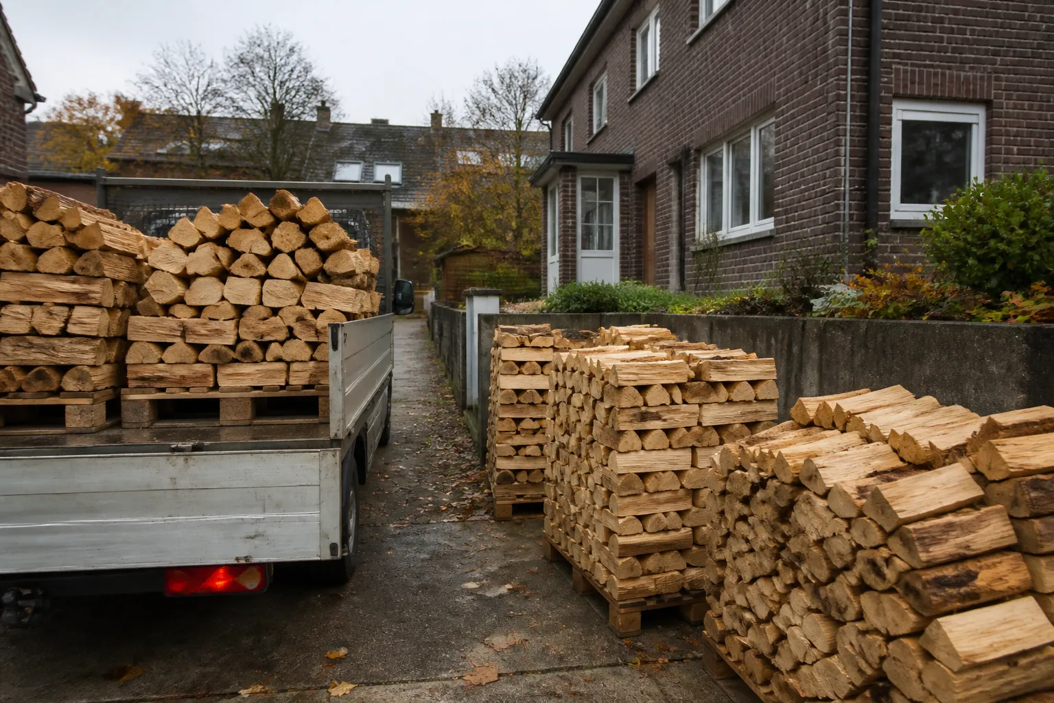 Frisch geliefertes gespaltenes Buchenholz wird vor einem Reihenhaus im Ruhrgebiet auf Paletten gestapelt