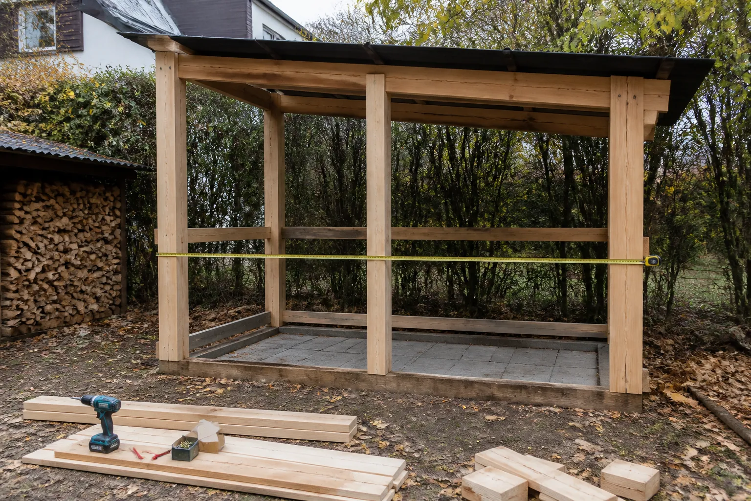 Selbst gebautes Kaminholzlager im Bau: Holzrahmen mit Pultdach-Konstruktion und Werkzeug im Garten
