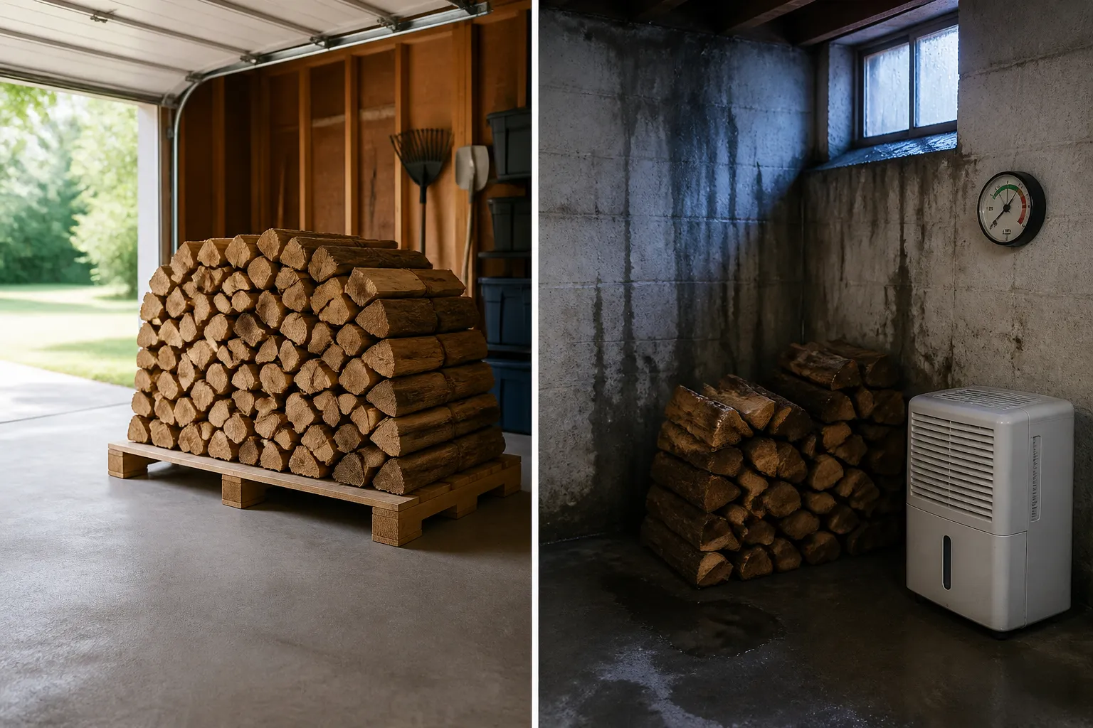 Kaminholz auf Palette in einer hellen Garage gelagert, im Vergleich zu einem feuchten Keller mit kleinem Holzstapel