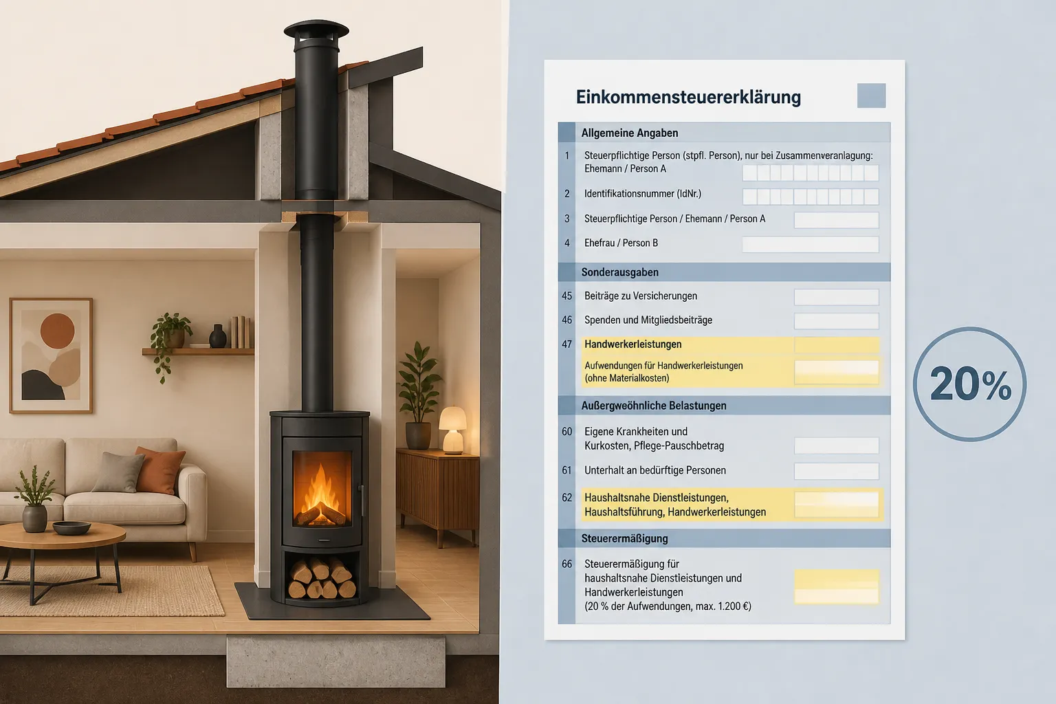 Illustration: Kaminofen im Wohnraum neben stilisiertem Steuerformular als Symbol für den Steuerbonus beim Kaminofeneinbau