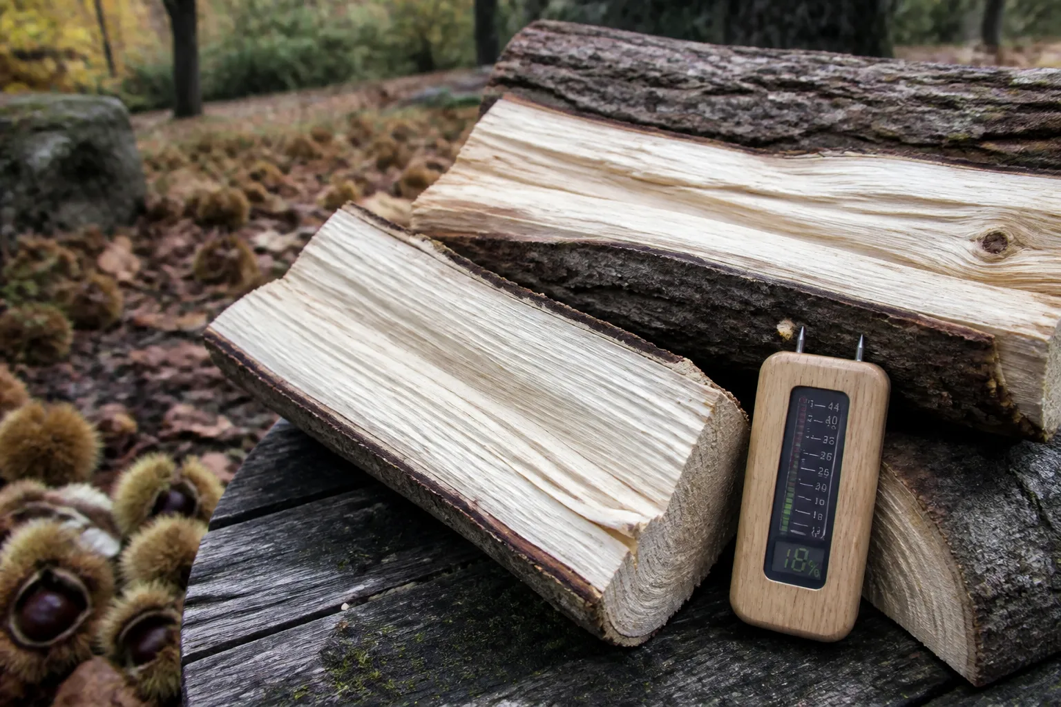 Gespaltene Edelkastanie als Brennholz mit sichtbarem Holzfeuchtemessgerät und Igelschalen im Hintergrund